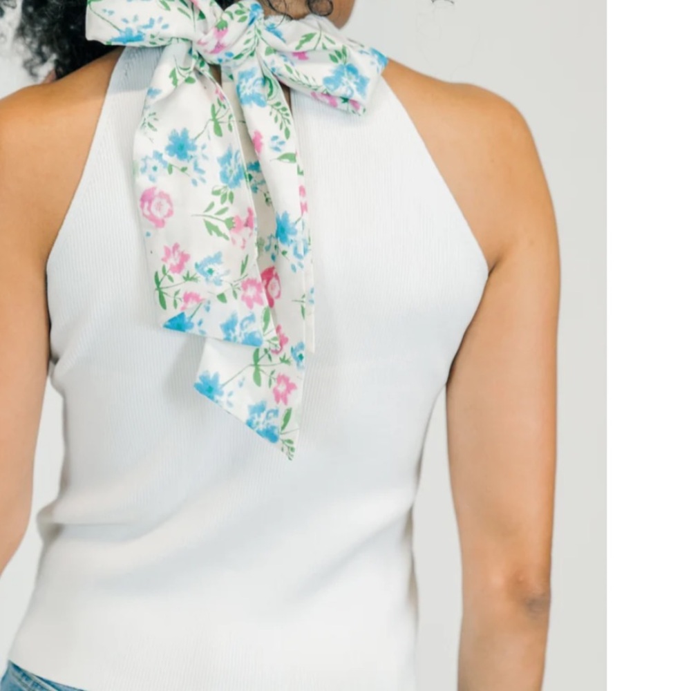 Victoria Dunn White Sweater Tank with Floral fabric tie.